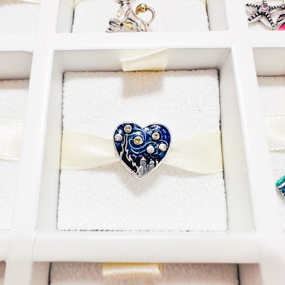 925 Sterling Silver Van Gogh Starry Night Heart Charm Fits Charm Bracelets - Picture 6 of 8